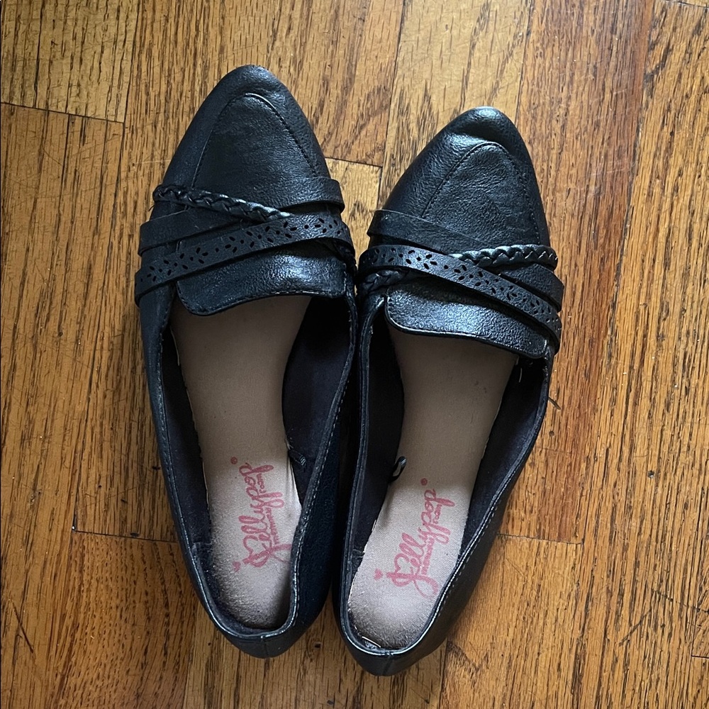 Jellypop Black Pointed-Toe Slip-On Flats with Braided Straps